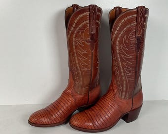 LUCCHESE CHERRY BURGUNDY Ostrich Cowboy Boots Men display picture 1