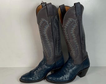Vintage Justin Ostrich Quill Cowgirl Boots | USA Made | Royal Blue | 6.5 B