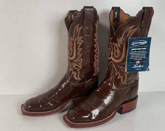 Lucchese 2000 Patent Leather Cowgirl Boots | Square Toe | Brown | USA Made | 6.5