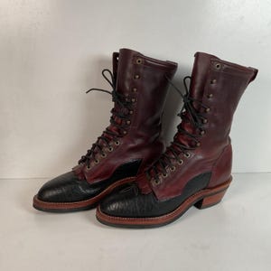 Texas Brand Mens Red/Black Western Leather Packer Boots 8723 Kiltie Lace Up 7 D Vintage Burgundy Lace up Western Kiltie Packer Boots Men main image 2