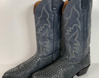 Vintage Nocona Dark Blue Python Snakeskin Cowboy Boots 12 D USA Made Recrafted