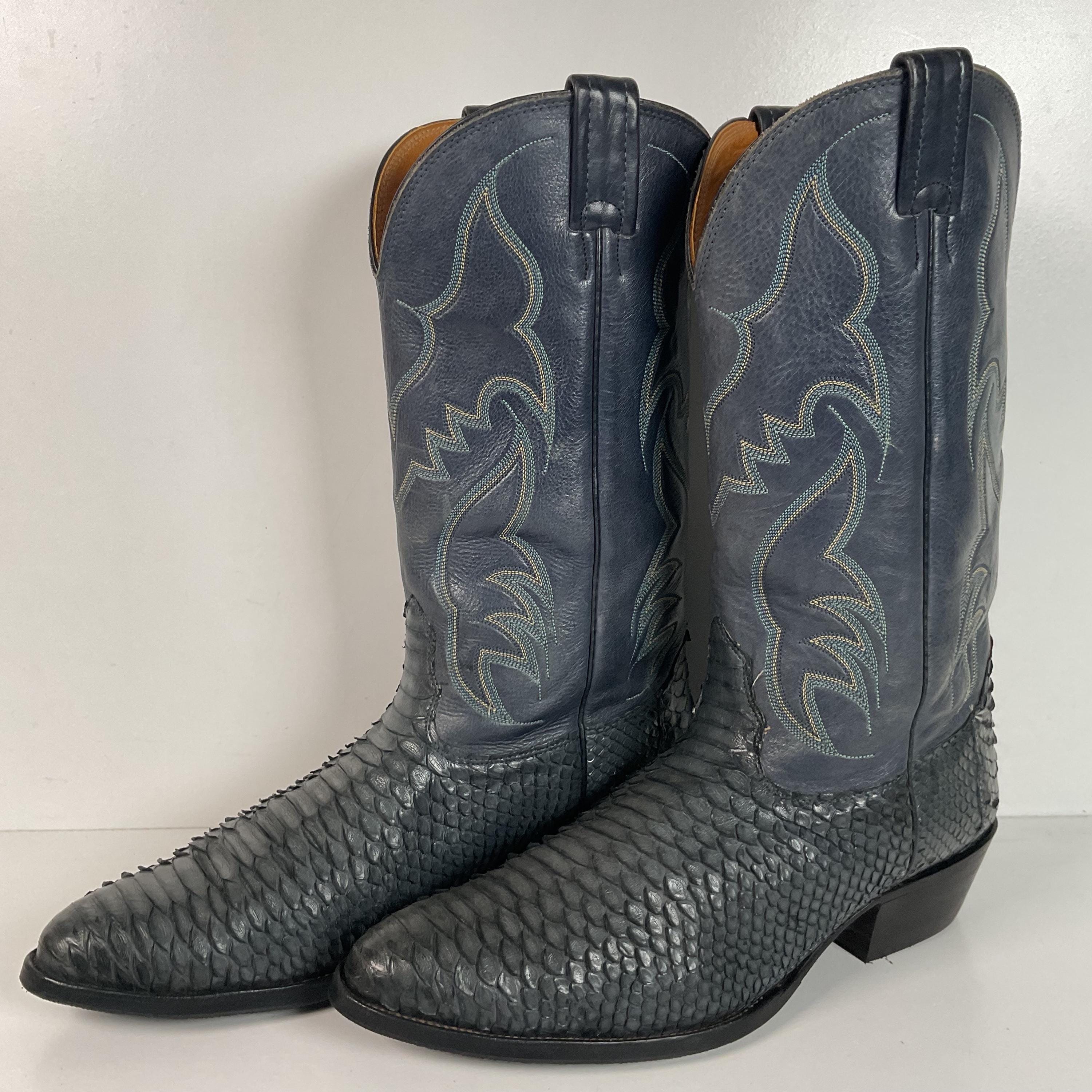 Vintage Nocona Dark Blue Python Snakeskin Cowboy Boots 12 D 