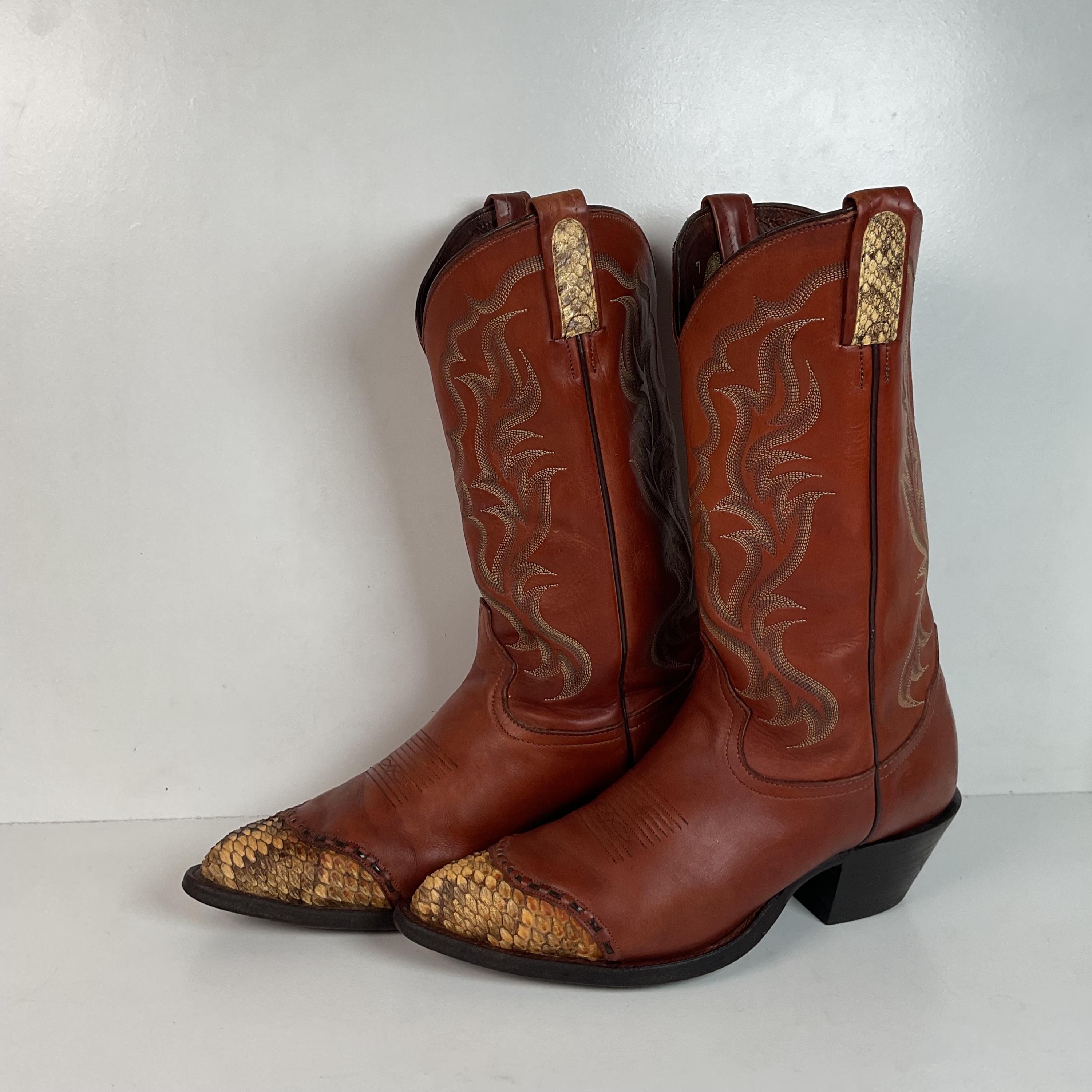 Tony Lama Vintage Cowboy Boots 6214 Men\'s 6D Wingtip Snakeskin Toe Brown Leather Vintage. Tony Lama Cowboy Boots - Etsy main image 3