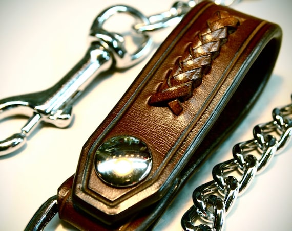 Leather Wallet chain Brown American bridle leather and braided calf lace Applique made for YOU in USA by Freddie Matara!