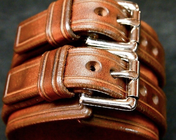 Brown Leather cuff Bracelet : Luxurious Bridle leather Double strap wristband. Finely crafted in New York!
