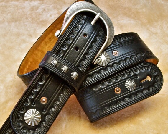 Black Leather Guitar strap : Hand tooled, Black Vintage OUTLAW Cowboy Rockstar Style! Handmade in New York