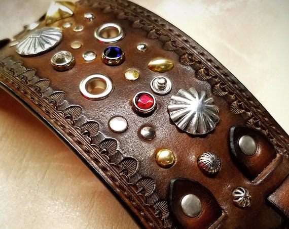 Leather cuff Bracelet Brown Jeweled, studded, stamped, Pirate Treasure cuff made for YOU in USA by Freddie Matara!