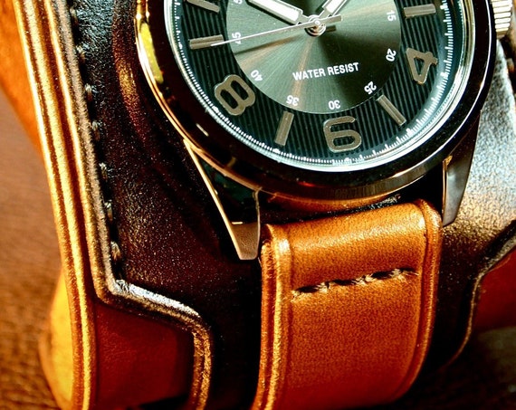 Brown Leather cuff watch : Vintage 2 tone style watch cuff. Wide layered Refined quality Wristwatch. Handmade in New York USA
