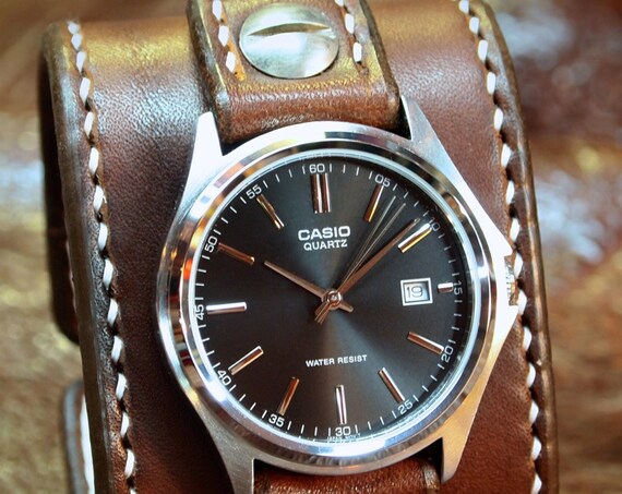 Brown Leather cuff Watch : Vintage style handstitched bridle leather watch band with Casio watch custom made for YOU in New York!