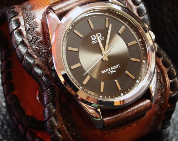 Brown Leather Cuff Watch : Hand dyed Sunburst Tan fade. Traditional American ROCKSTAR style! Hand crafted in New York!