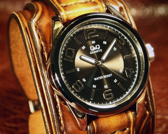 Leather cuff watch : Brown Tobacco fade 2" wide layered Brown watch band cuff Bracelet Handmade for YOU in USA by Freddie Matara