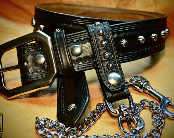 Black Leather studded Belt and Wallet chain : Hand Tooled Vintage style! Custom made in NewYork!