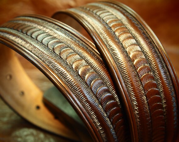 Brown Leather belt stamped and tooled Rich walnut finish made for YOU in New York USA by Freddie Matara