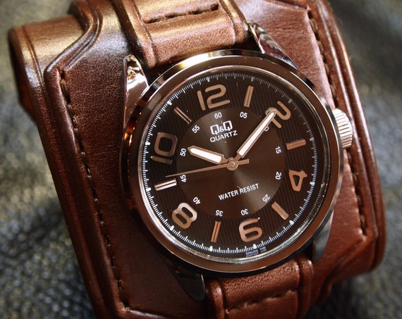 Leather cuff watch wrist watch vintage Nathan Drake style wide layered Brown bridle leather