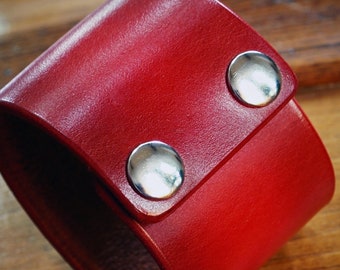 Red Leather cuff bracelet : Custom wristband slickest edges Handmade for you in New York by Freddie Matara