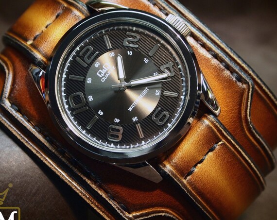 Brown Leather cuff watch : Tobacco fade wide layered Brown watch band cuff Bracelet. Handmade for YOU in USA!