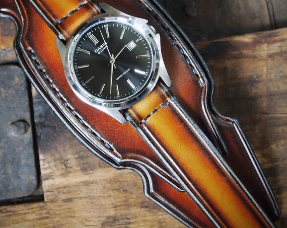Leather cuff watch: Brown western deep sunburst with Sexy curve Design. Handmade in New York, USA!