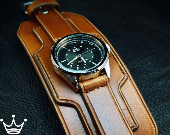 Leather cuff watch Brown leather watchband- Nathan Drake style wide layered Custom made for YOU in USA by Freddie Matara