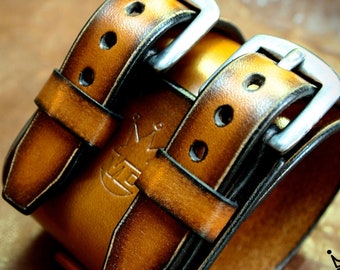 Brown Leather cuff bracelet : Vintage sunburst fade finish wristband. Best quality- Hand made in New York!