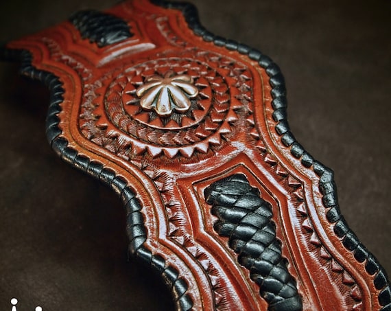 Leather Cuff Bracelet : Brown tooled, Hand braided with hand made copper conchos! Made by Freddie Matara