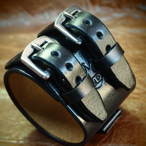Black Leather watchband cuff : Black vintage style cuff bracelet. Best look Hand made for YOU in New York!