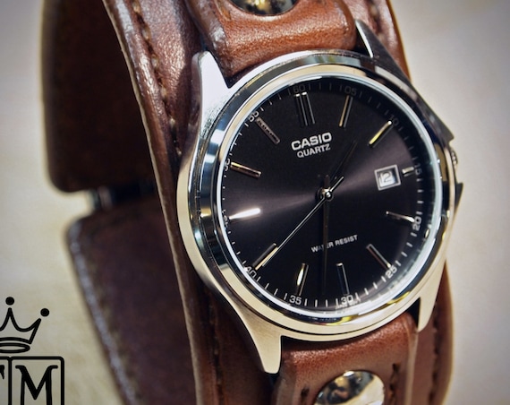 Brown Leather cuff Watch : American bridle leather handstitched watch band with Casio watch. Made in NY