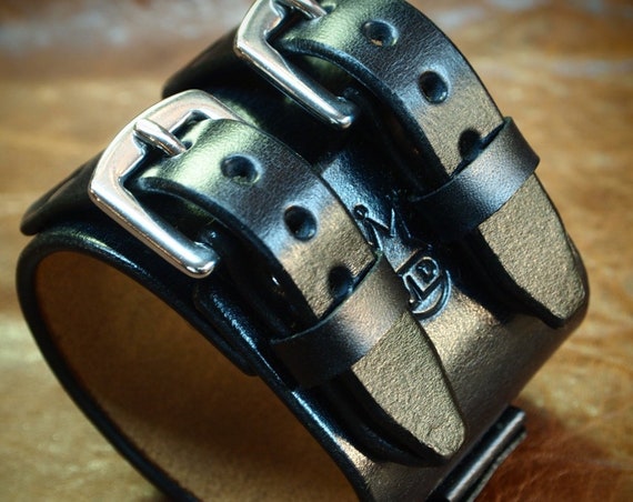 Black Leather watchband cuff : Black vintage style cuff bracelet. Best look Hand made for YOU in New York!