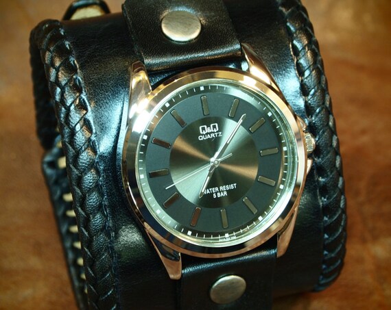 Leather cuff watch Black vintage style wide bracelet Best quality Made for YOU in USA by Freddie Matara!