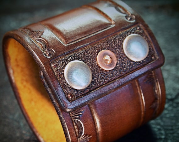 Brown Leather cuff wristband Saddle Brown Cowboy Old West style Stamped and hand tooled for YOU in USA by Freddie Matara!