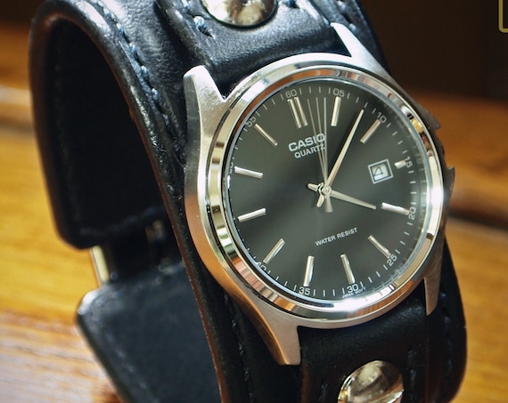 Black Leather cuff Watch : Vintage black bridle leather handstitched watch band with Casio watch custom made for YOU in New York