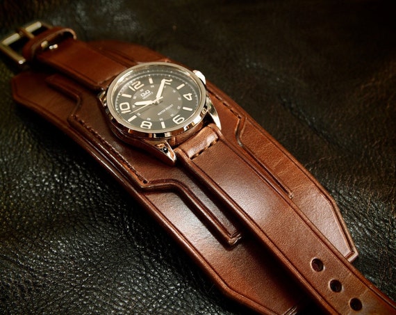 Brown Leather cuff watch : Wide wristwatch style using fine quality Vegetable tanned leather. Made in New York!