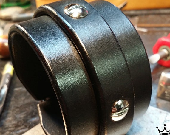 Leather cuff bracelet Black bridle leather wristband Hand worked and made for You in Brooklyn USA by Freddie Matara