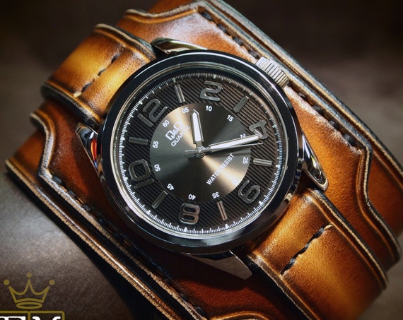 Leather cuff watch Brown Tobacco fade 2.5" wide layered Brown watch band cuff Bracelet Handmade for YOU in USA by Freddie Matara