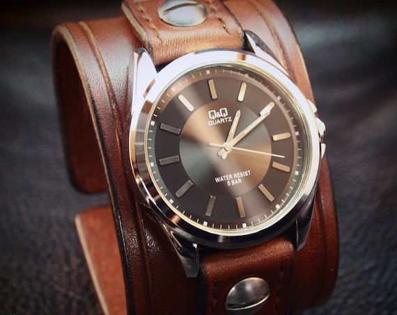 Leather cuff Watch Brown bridle leather Rich vintage style Wristband watchband, wrist watch made for YOU in USA by Freddie Matara