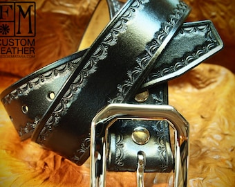 Hand Tooled Black Leather Belt: Western Native Design, Custom Made