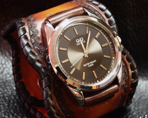 Leather Cuff Watch sunburst brown fade Traditional American ROCKSTAR Bracelet made for YOU in USA by Freddie Matara