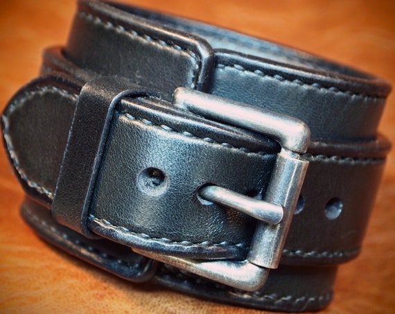 Black Leather cuff bracelet : Handstitched bridle leather Fine handworked wristband made for you in New York!