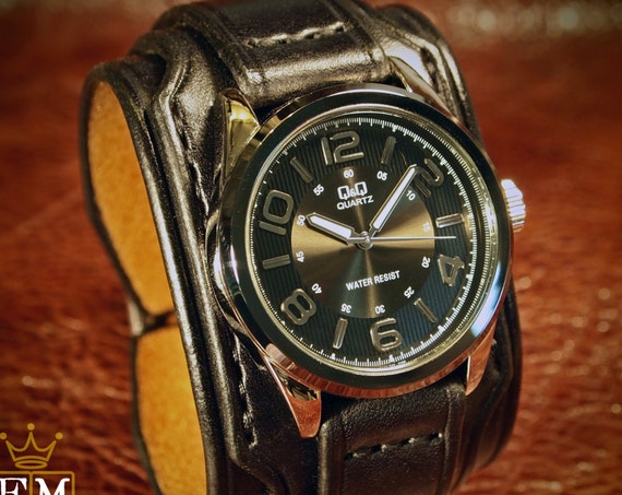Leather cuff watch Slick Black vintage style 2" Wide layered wristband bracelet made in USA for YOU by Freddie Matara!