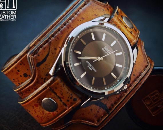 Leather cuff watch Drake Uncharted style wide layered wristband Brown distressed destroyed bracelet made for YOU in USA by Freddie Matara!