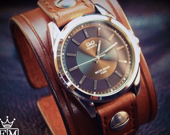 Leather cuff Watch Brown bridle leather Rich vintage style Wristband watchband, wrist watch made for YOU in USA by Freddie Matara