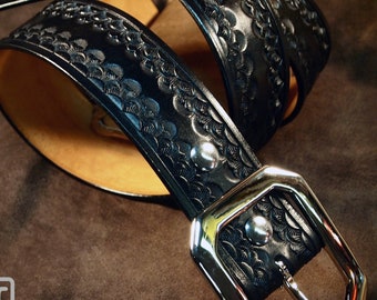 Black Leather Belt : Custom Hand Tooling with unique Stamping pattern. Fine Vegetable tanned Leather!
