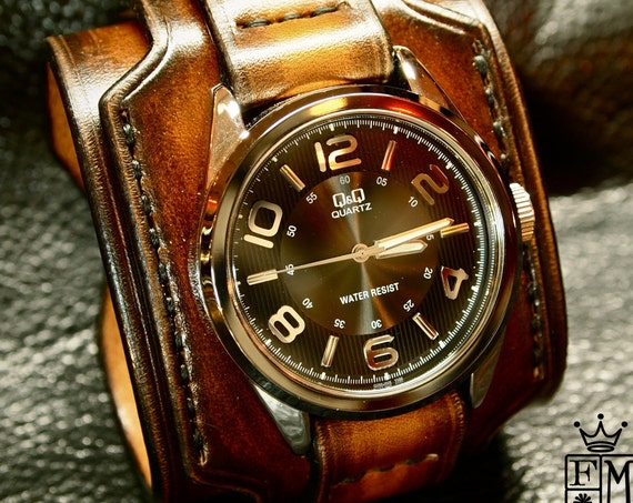 Leather cuff watch Brown Tobacco sunburst wide layered Brown watch band cuff Bracelet Handmade for YOU in New York by Freddie Matara