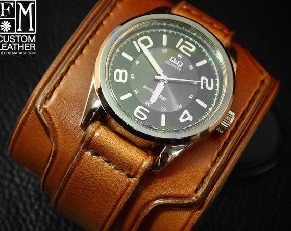 Brown Leather cuff watch : Light Brown wide leather wristband / watchband. Custom Made in New York!