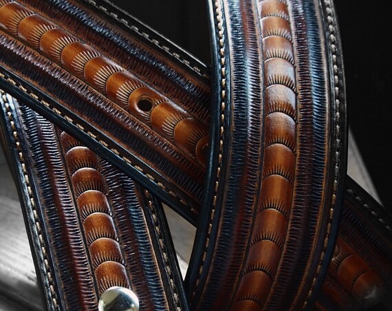 Sunburst Leather belt : Brown stamped and tooled Rich sunburst finish! Hand Made for you in New York