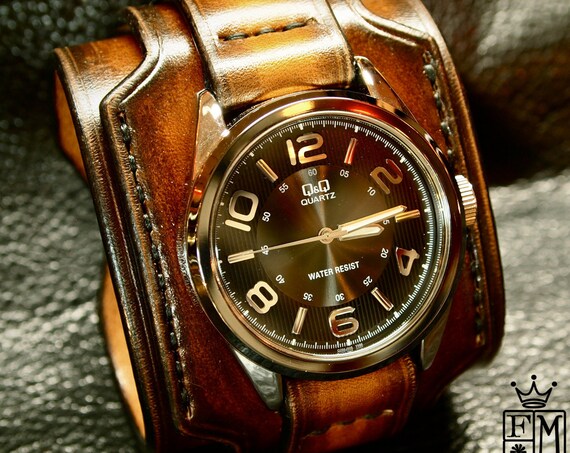Leather cuff watch Brown Tobacco sunburst wide layered Brown watch band cuff Bracelet Handmade for YOU in New York by Freddie Matara