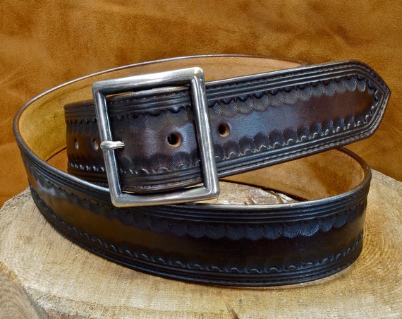 Brown leather belt Tooled Western border Distressed buckle 1-3/4" wide handmade for YOU in USA by Freddie Matara
