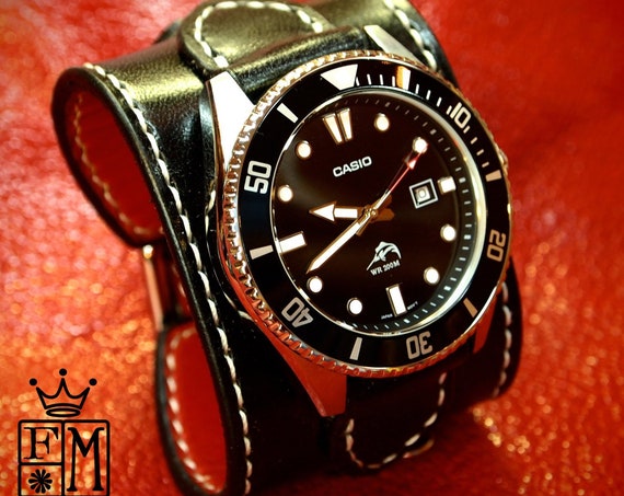Black Leather cuff watch : Red calf lined Hand-stitched. Casio diver watch Custom made for YOU in USA by Freddie Matara
