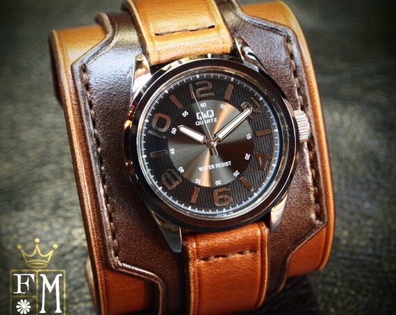 Brown Mens Leather Cuff Watch : Two tone tan & chocolate brown. Refined leathercraft made in New York