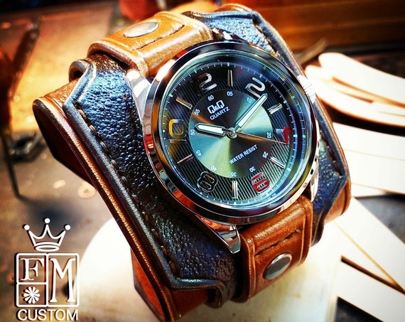 Brown distressed Leather cuff watch : Vintage 2 tone style. Wide and Layered Custom! Made in USA by Freddie Matara