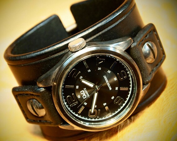 Leather cuff Watch Vintage Black bridle leather, wrist watch made for YOU in New York by Freddie Matara